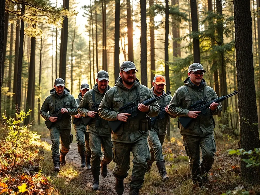 A photograph capturing a group of hunters participating in a regulated hunting activity in a forest setting. The hunters are wearing appropriate safety gear and are accompanied by trained guides. The image should convey a sense of responsibility, respect for wildlife, and adherence to hunting regulations.