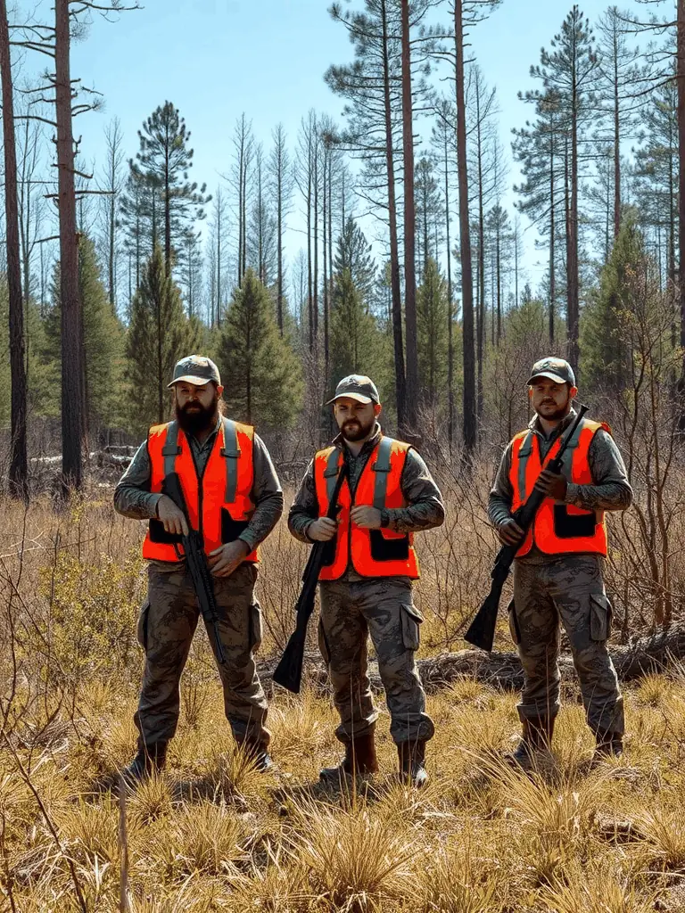 A group of hunters participating in a regulated hunting activity in a forest, emphasizing safety and responsible hunting practices.