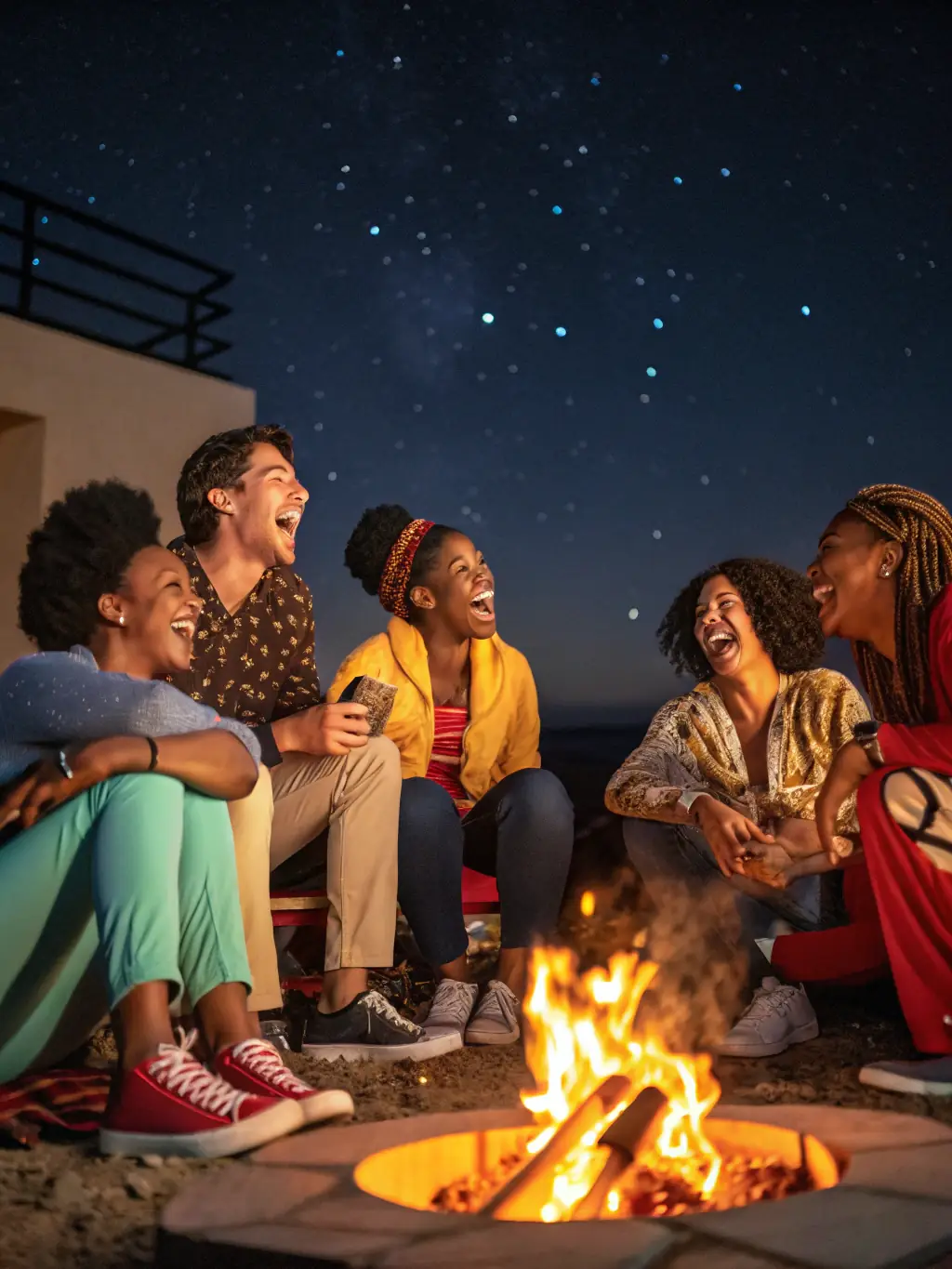 A diverse group of community members gathered around a bonfire during a GROUPEMENT DE CHASSE DE MAZYRAT-organized evening event, sharing stories and enjoying local food.