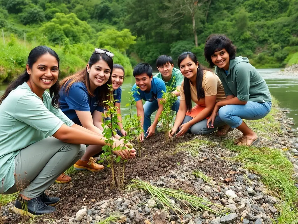 A photograph illustrating an ecological initiative undertaken by GROUPEMENT DE CHASSE DE MAZYRAT. The image features volunteers planting trees, cleaning up a local waterway, or conducting wildlife monitoring activities. The image should convey a sense of environmental stewardship, conservation efforts, and commitment to ecological balance.
