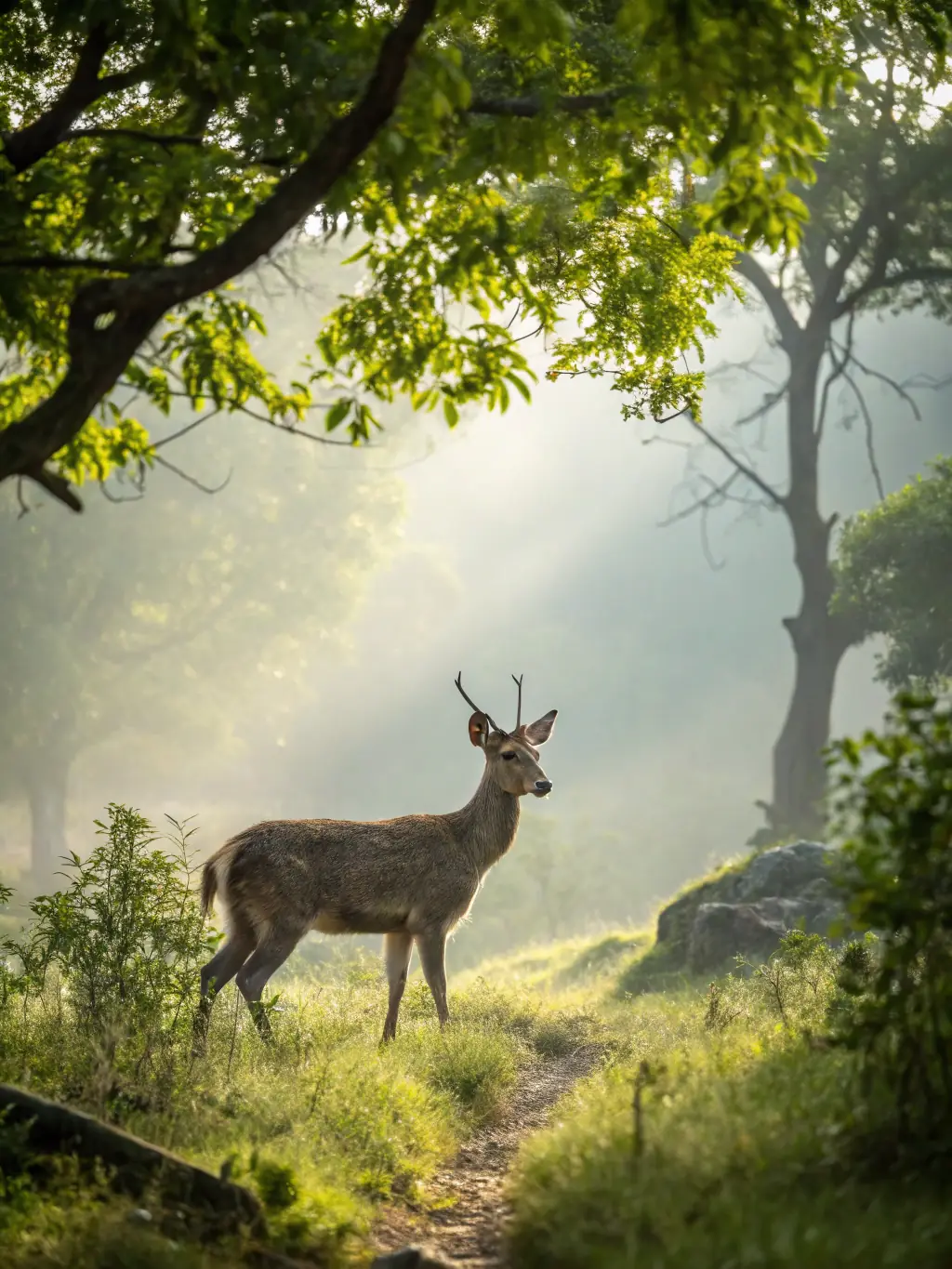 A photograph of a healthy deer in its natural habitat, showcasing the positive impact of wildlife management by GROUPEMENT DE CHASSE DE MAZYRAT.
