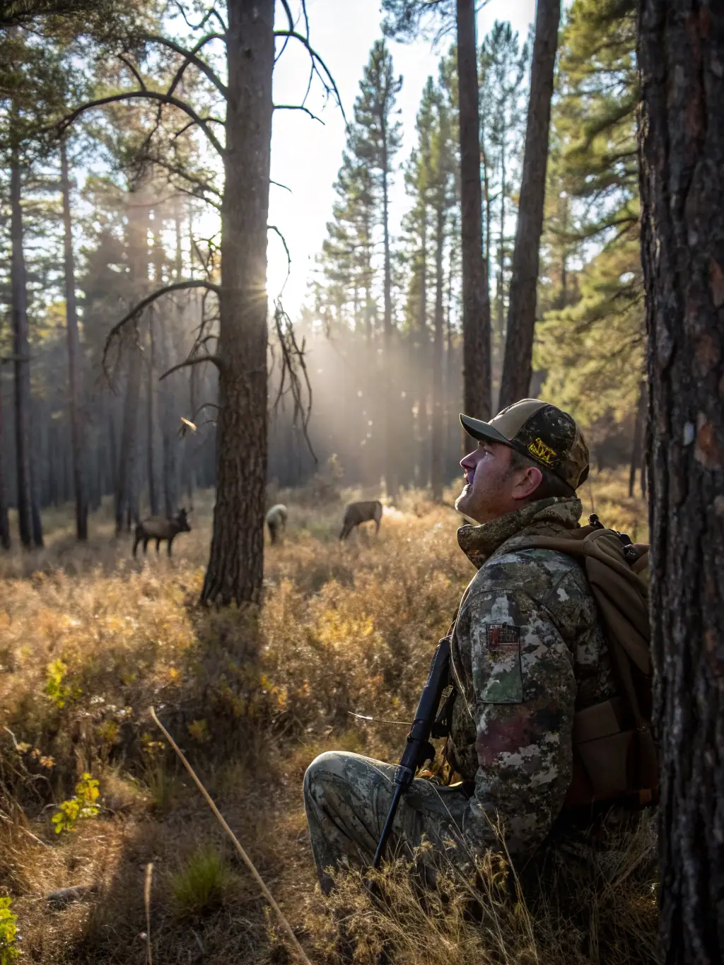 A picture of a hunter participating in a controlled hunt, emphasizing the role of regulated hunting in preventing overpopulation and disease spread.